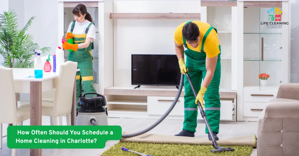 Professional home cleaners vacuuming and sanitizing a modern living room in Charlotte, North Carolina — part of Life Cleaning Services LLC.
