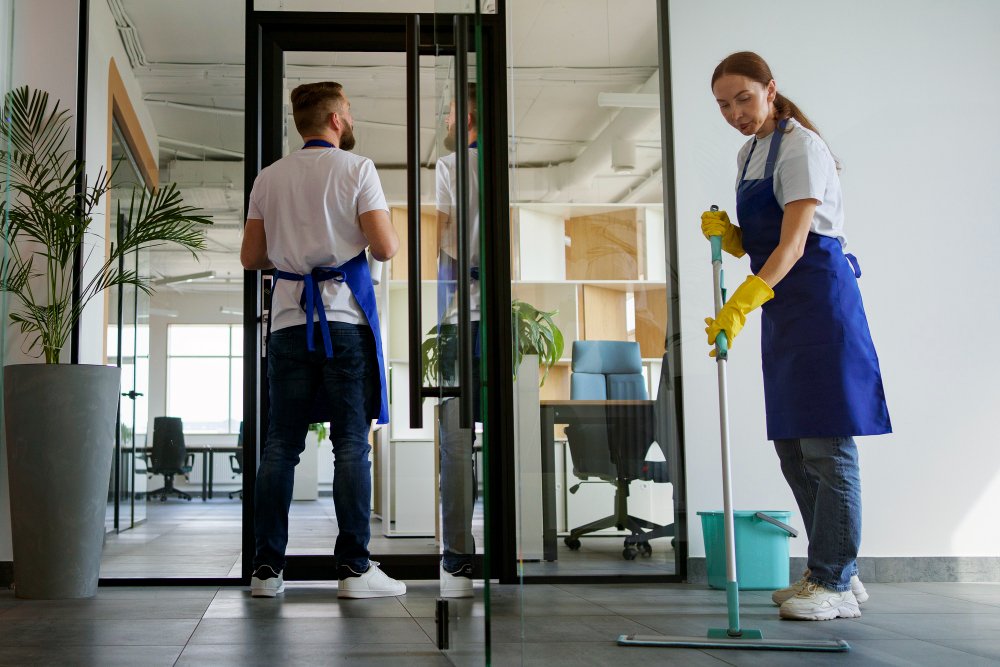 Professional cleaning service people working together in an office