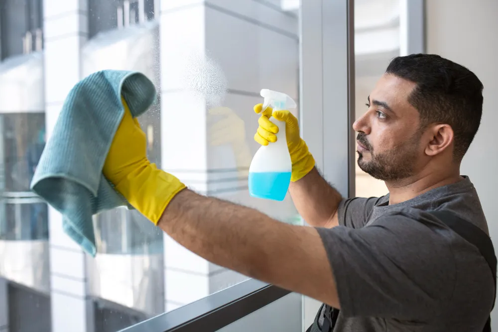 Medium shot man cleaning office window_converted